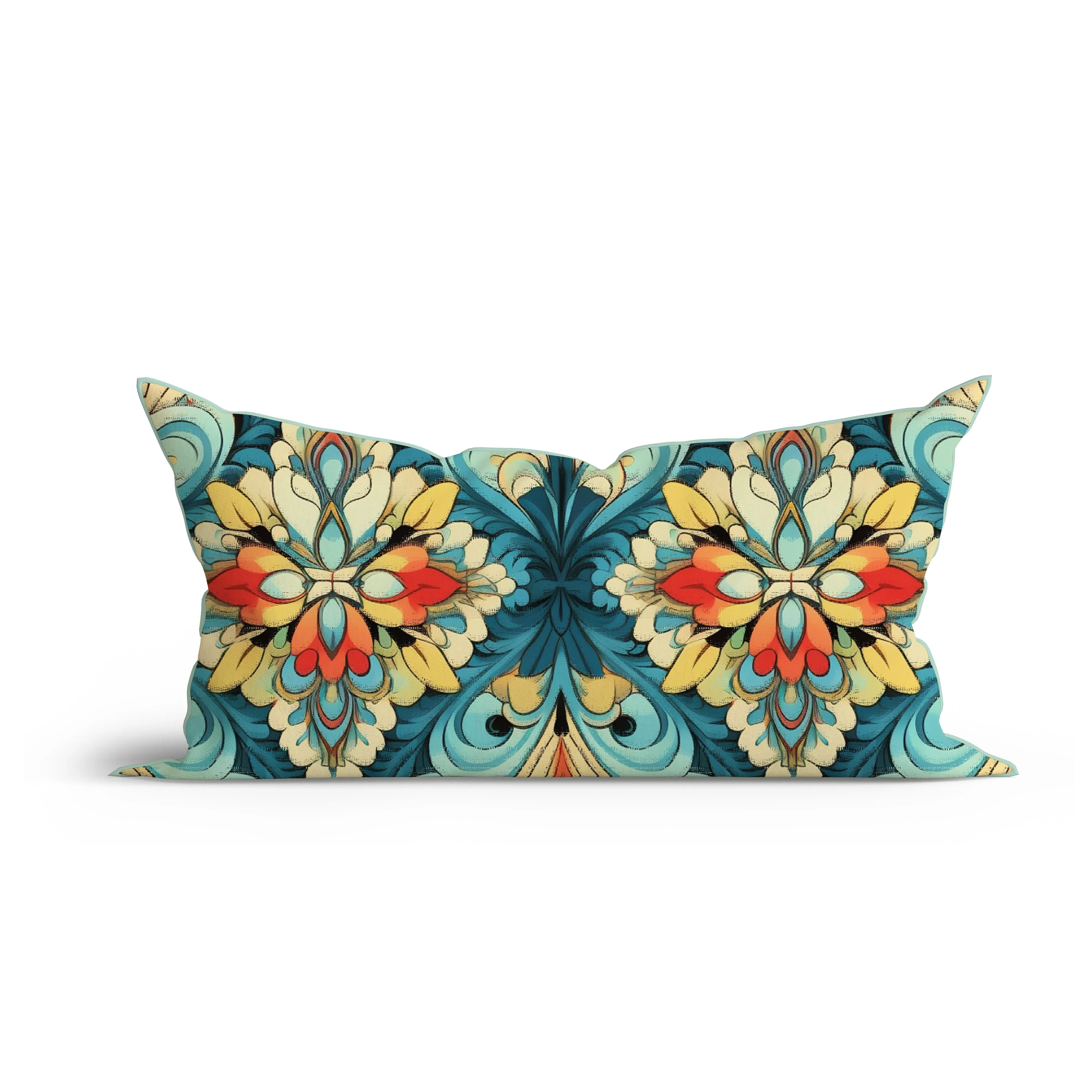 Bohemian Oriental Blue Floral Cotton Cushion with Piping